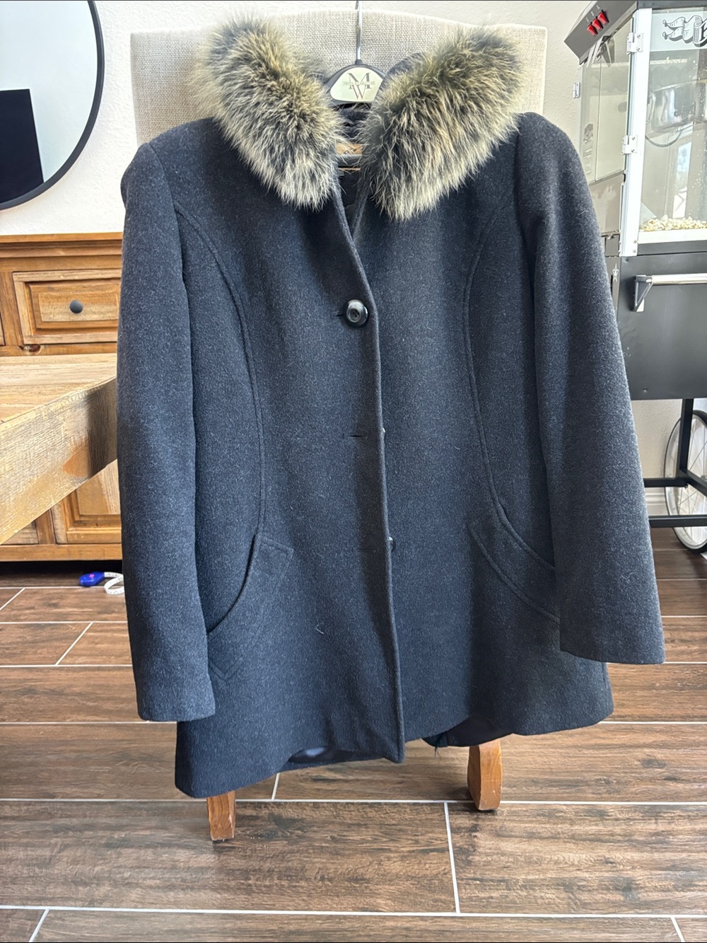 SACHI Black Wool Pea Coat with Faux Fur Trim
